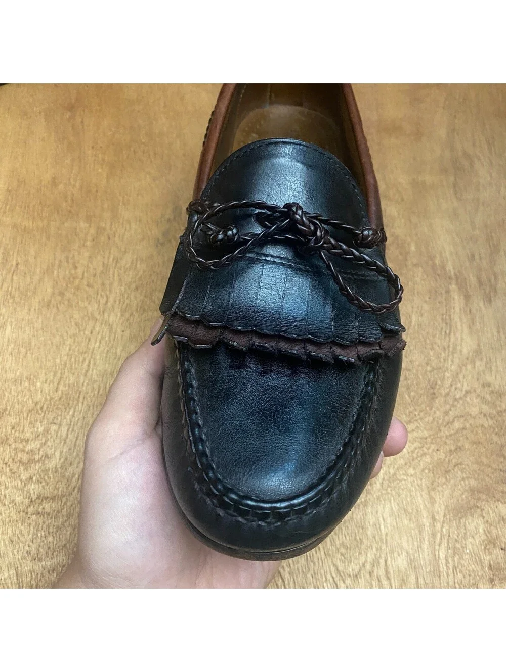Vintage Woodstock Leather Kiltie Loafers Mens 10.5 D Black Brown Moccasin Shoes